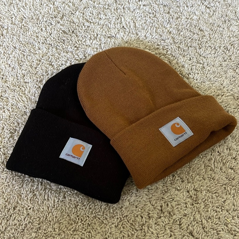 Two Carhartt beanies in black and brown